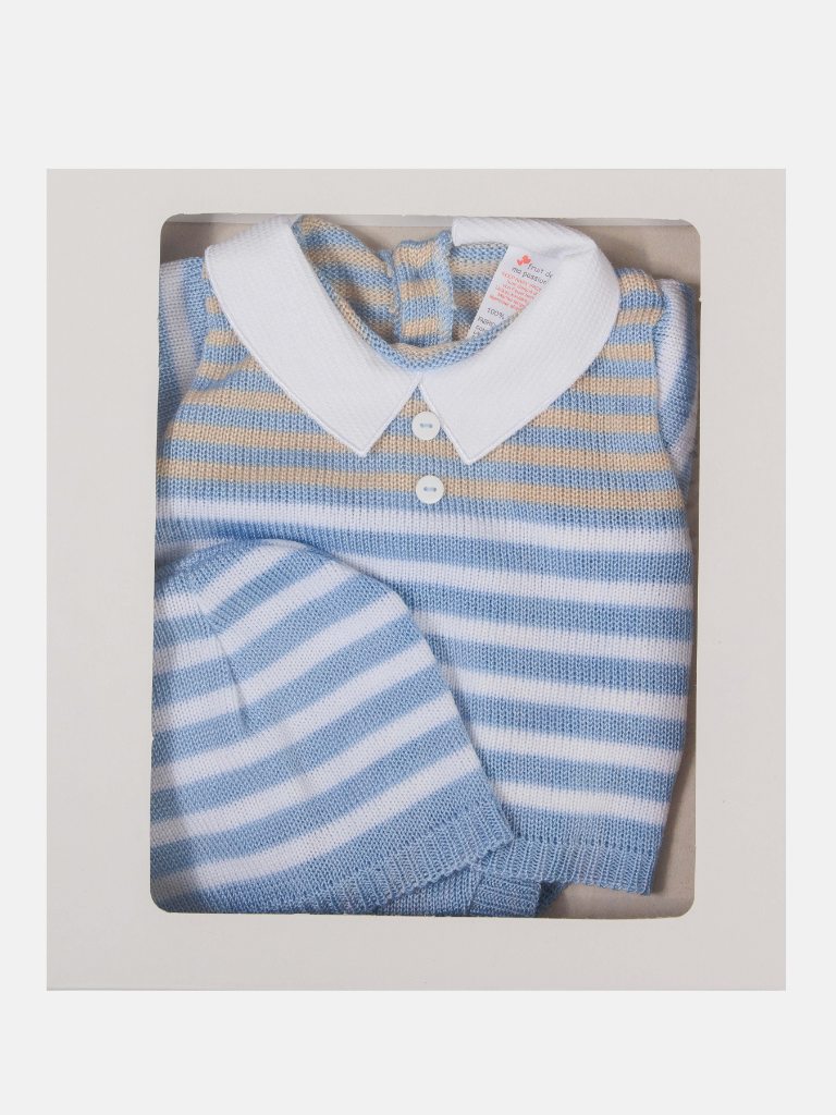 Baby Boy 3 Piece Striped Summer Knitted Gift Box Set-Blue