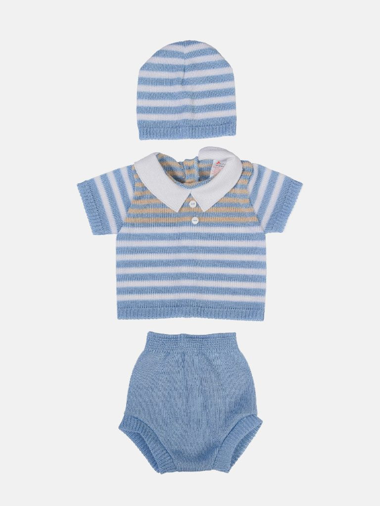 Baby Boy 3 Piece Striped Summer Knitted Gift Box Set-Blue