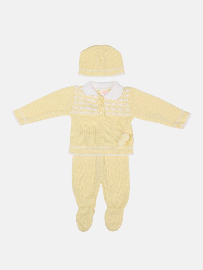 Baby Boy 3 Piece Pom-pom Knitted Gift Box Set-Lemon Yellow