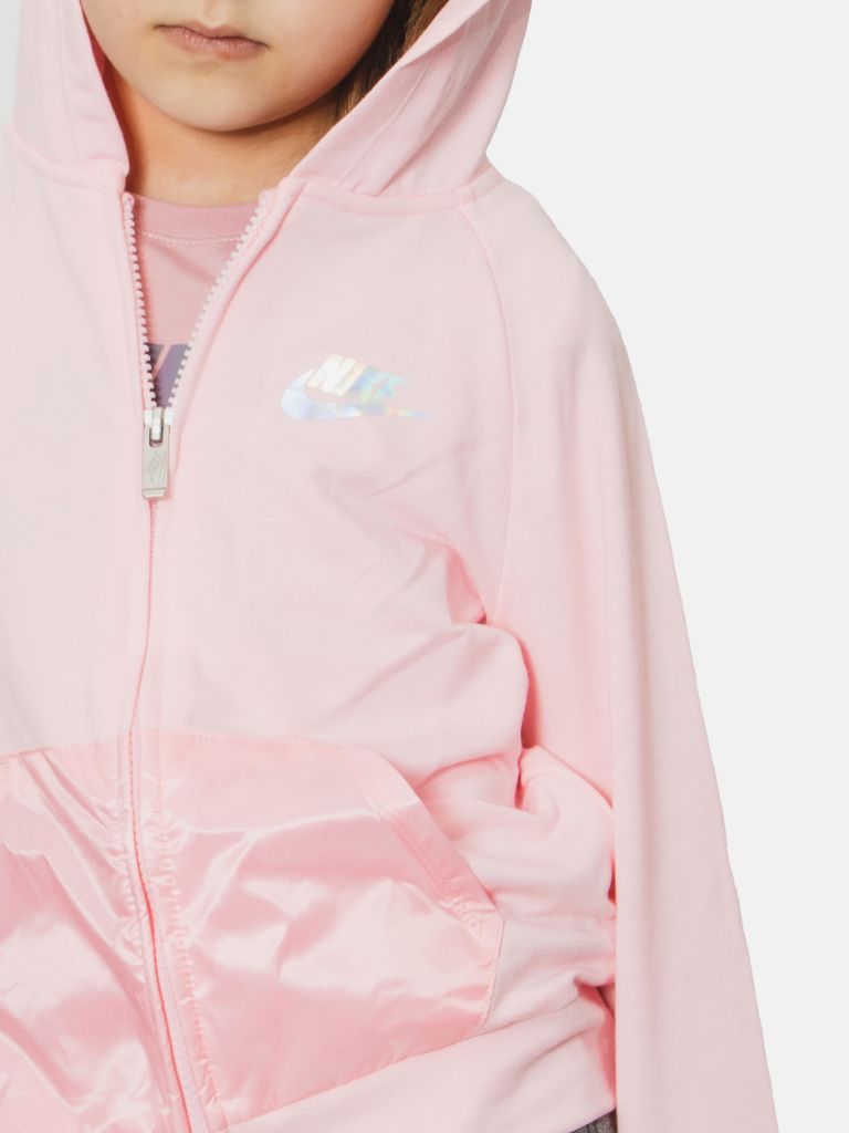 Nike Junior Girl Zip - Up Hooded Jacket With Shiny Pockets and Iridescent Logo- Pink
