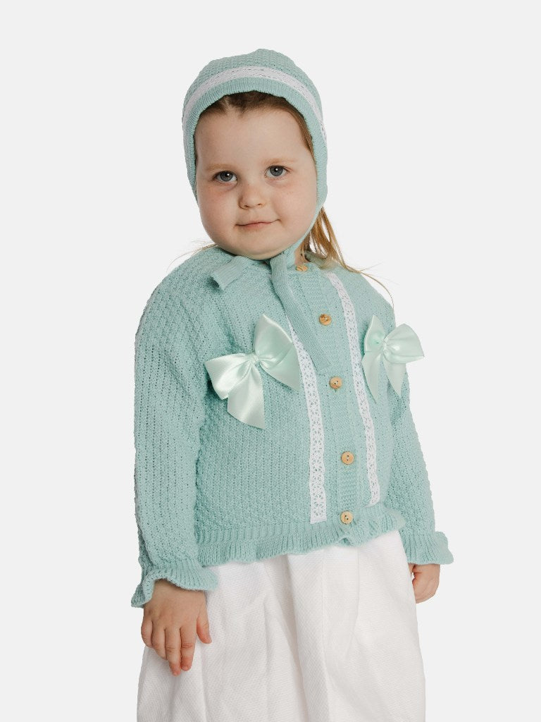 Baby Girl Cardigan & Bonnet Set - Aqua Blue