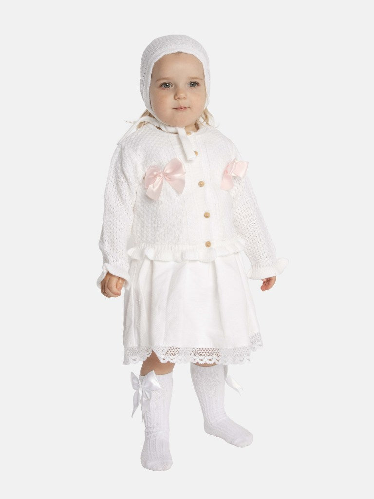 Baby Girl Cardigan & Bonnet Set - White & Baby Pink