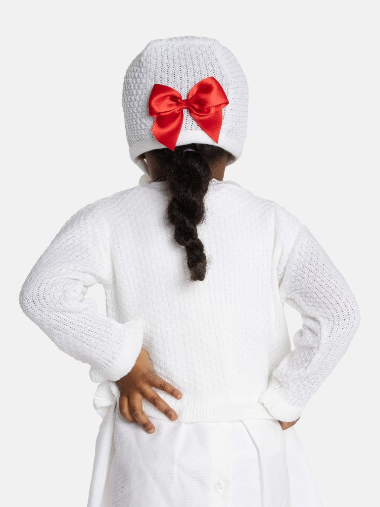 Baby Girl Cardigan & Bonnet Set - White & Red