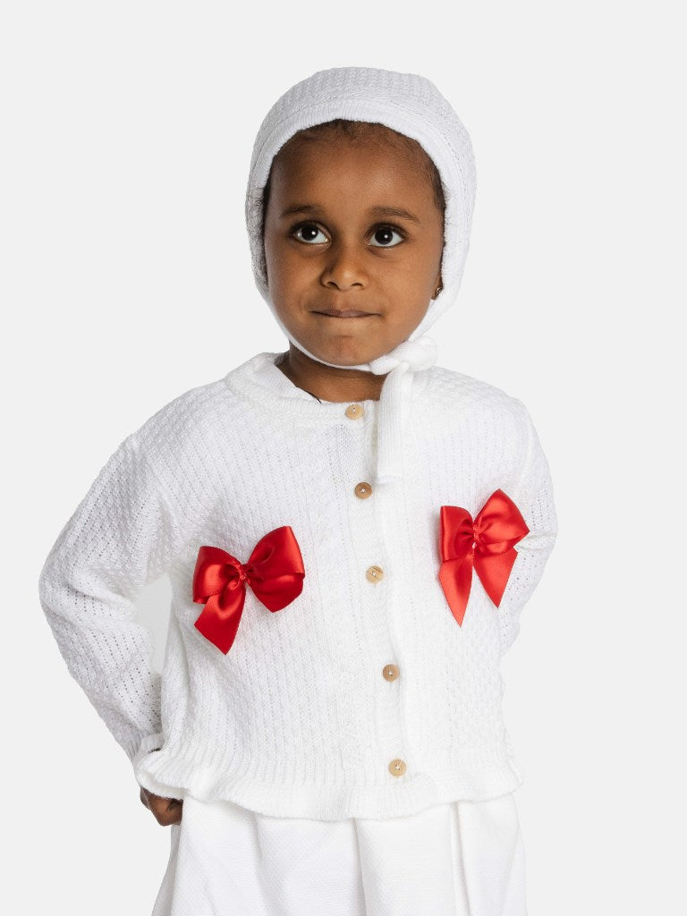 Baby Girl Cardigan & Bonnet Set - White & Red