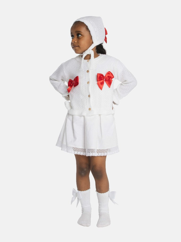 Baby Girl Cardigan & Bonnet Set - White & Red