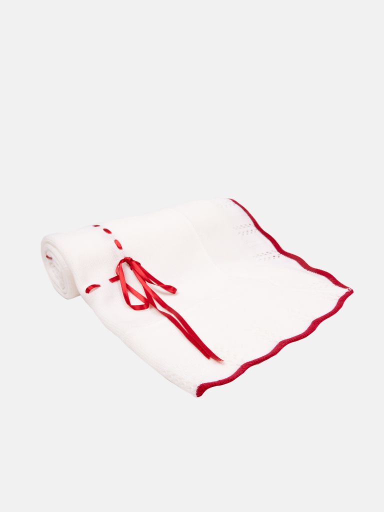 Baby Spanish Shawl Colour Hem & Satin Ribbon-White & Red