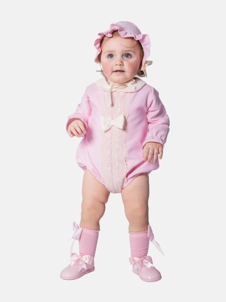 Baby Girl Lellie Collection Spanish Romper with Decorative Lace Placket, Satin Bow and Frilly Bonnet - Pink