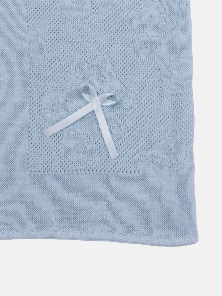 Baby Blanket with Teddy pattern and Ribbon Bow - Baby Blue