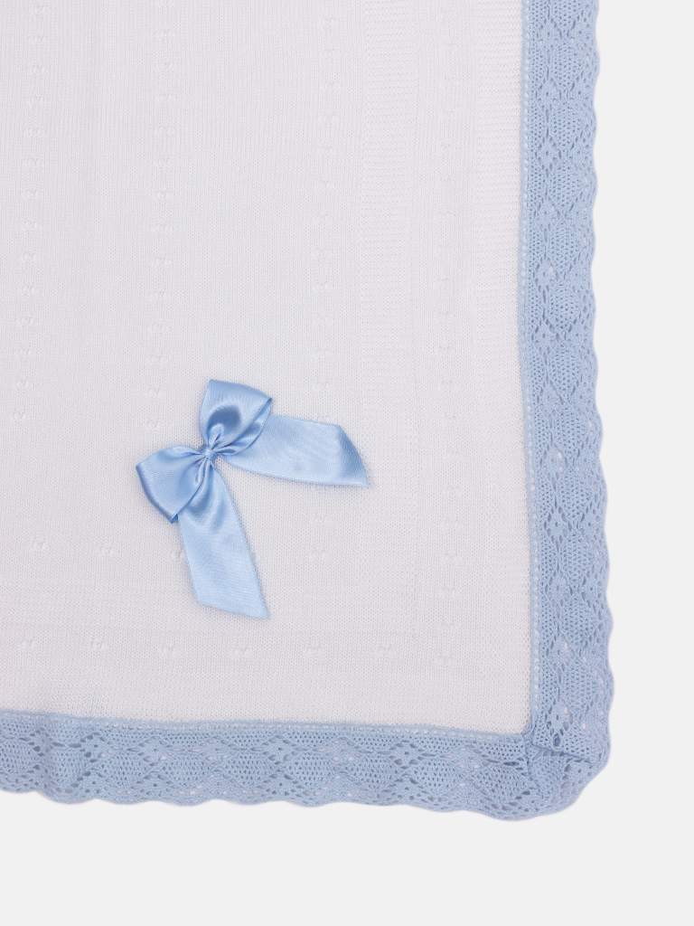 Baby Knitted Spanish Blanket with Big Bow - White and Baby Blue