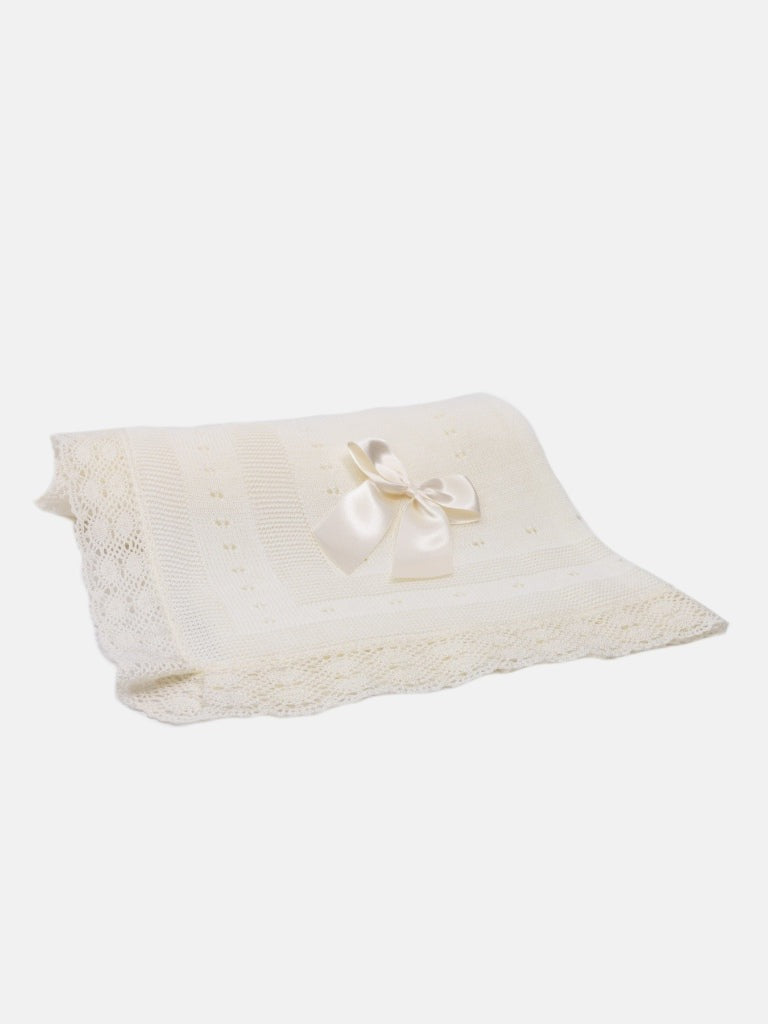 Baby Knitted Spanish Blanket with Big Bow - Cream