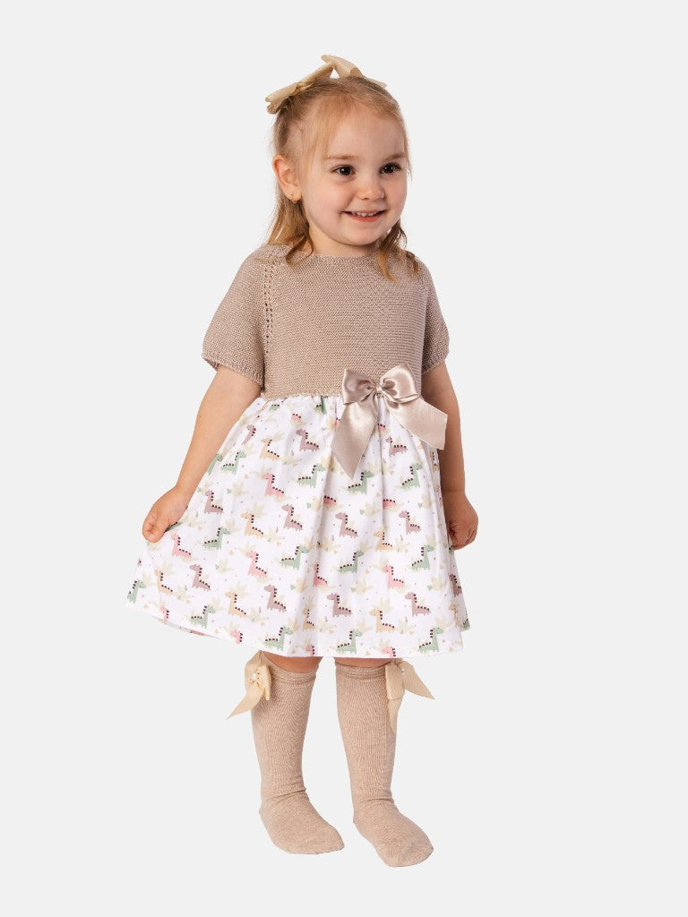 Baby Girl Nova X Collection Half Knitted Spanish Dress-Beige & Dino