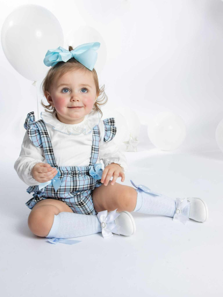 Baby Girl Spanish Bow & Frills Tartan Romper-Baby Blue
