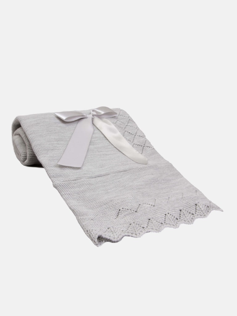 Baby Diamond Knitted Grey Spanish Blanket with Satin Bow