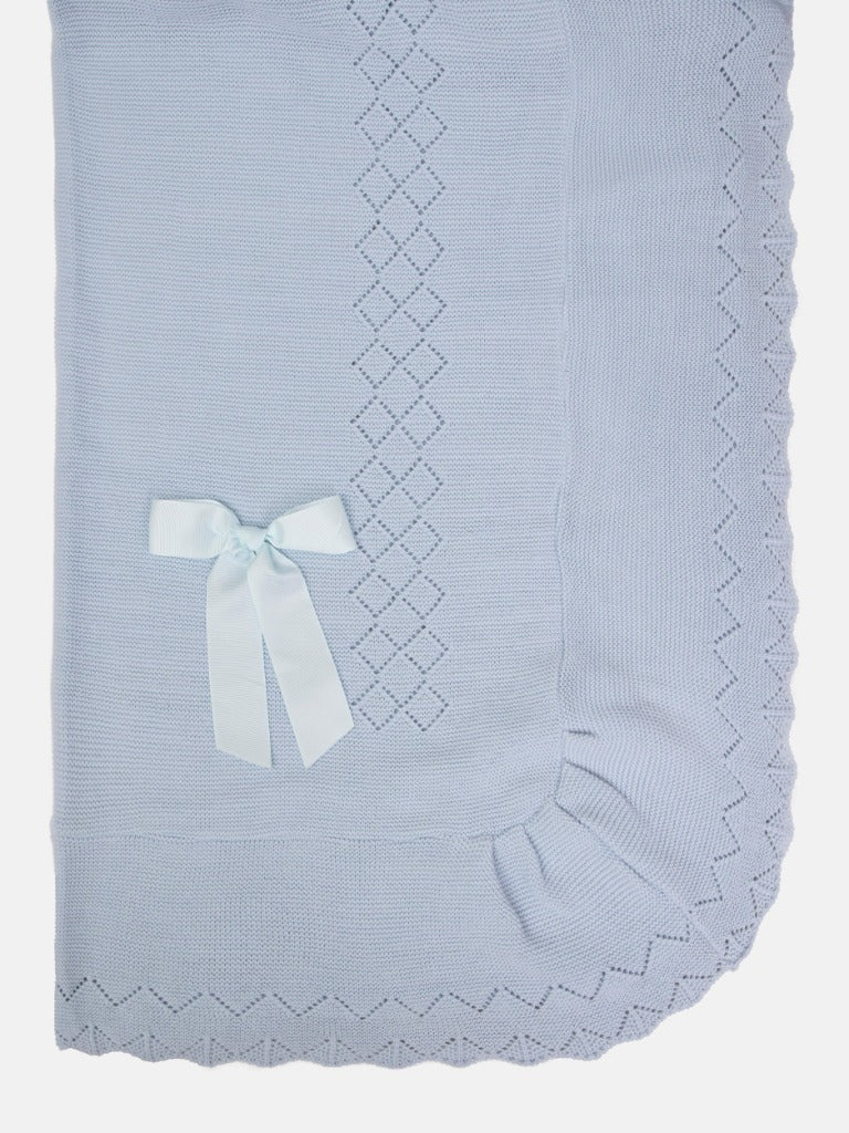 Baby Diamond Knitted Baby Blue Spanish Blanket with Satin Bow