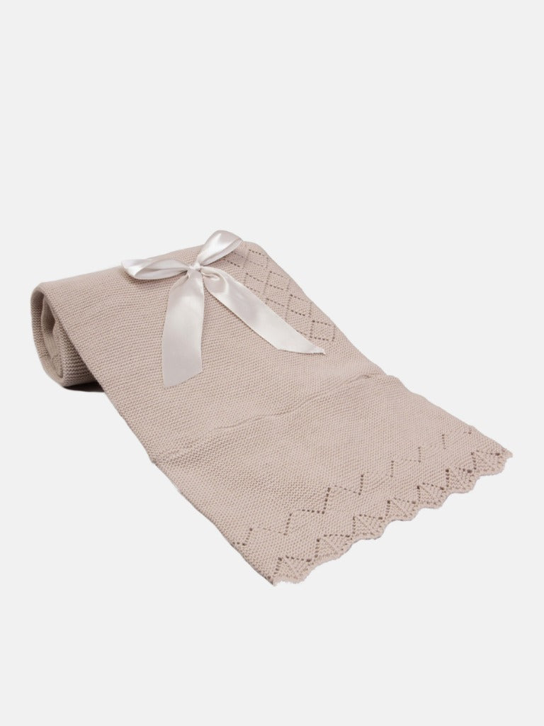 Baby Diamond Knitted Beige Spanish Blanket with Satin Bow