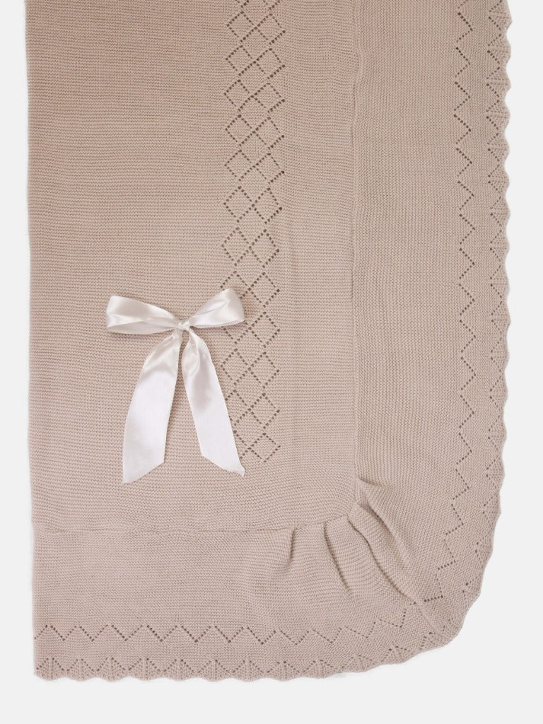 Baby Diamond Knitted Beige Spanish Blanket with Satin Bow