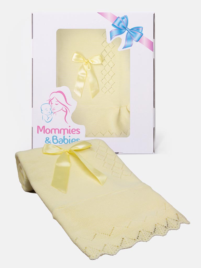 Baby Diamond Knitted Spanish Blanket with Satin Bow-Yellow