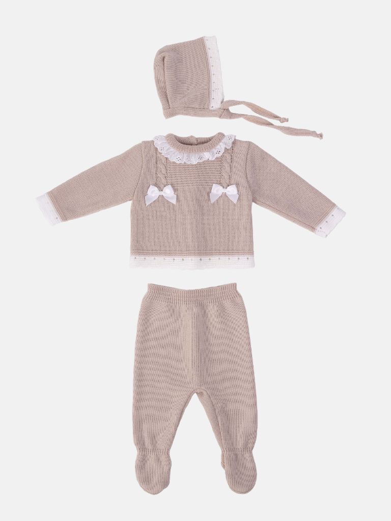 Baby Girl Ana Collection 3-piece Knitted Set with Bonnet-Beige