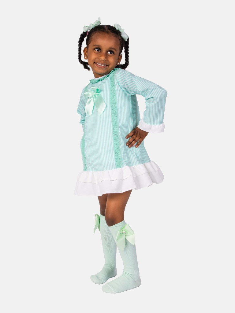 Baby Girl Blanca Collection Spanish Striped Dress with Bonnet-Aqua Blue