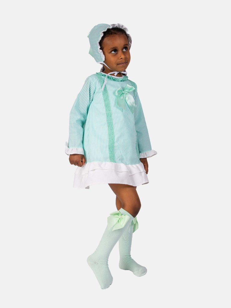 Baby Girl Blanca Collection Spanish Striped Dress with Bonnet - Aqua Blue