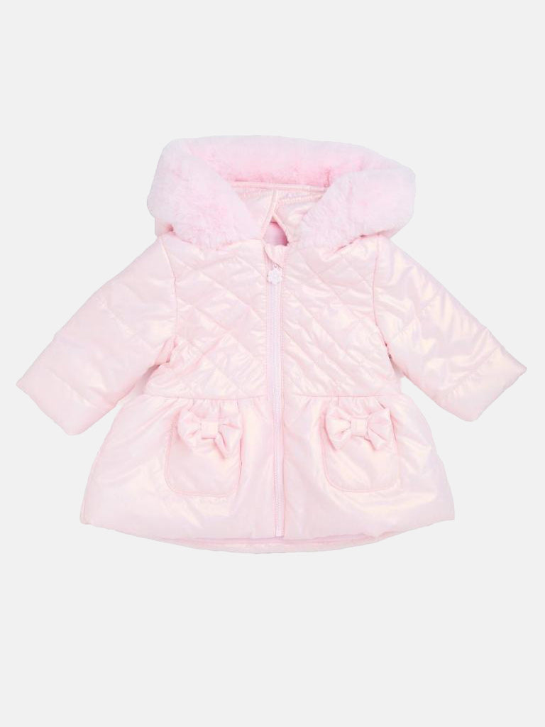 Baby Girl Melia Glossy Bow with Fur Hooded Jacket - Pink