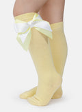 Baby Girl Knee Socks with Satin Double Bow - Lemon Yellow, Lemon Yellow & White