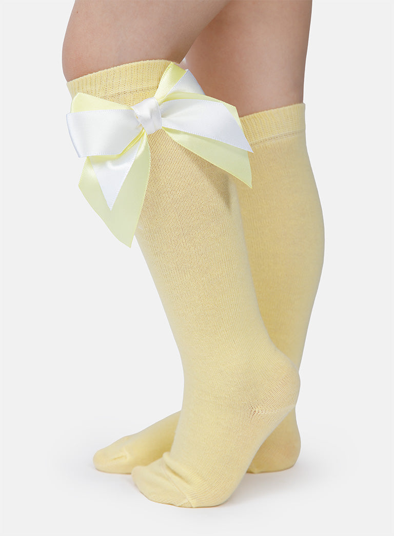 Baby Girl Knee Socks with Satin Double Bow - Lemon Yellow, Lemon Yellow & White