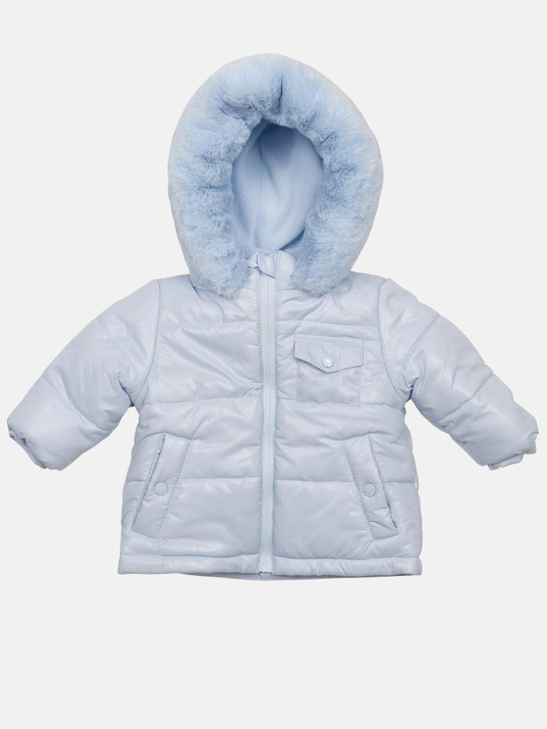 Baby Boy MINTINI Puffer Jacket with Fur Hood - Baby Blue