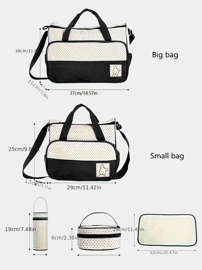 Mom & Baby 5-Piece Diaper Bag Set with Changing Mat & Organisers - Black
