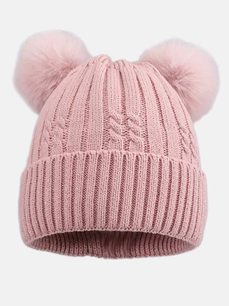 Baby Girl Knitted Hat with 2 Pom Poms - Dusty Pink