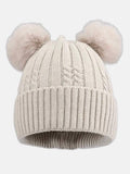 Baby Girl Knitted Hat with 2 Pom Poms - Beige