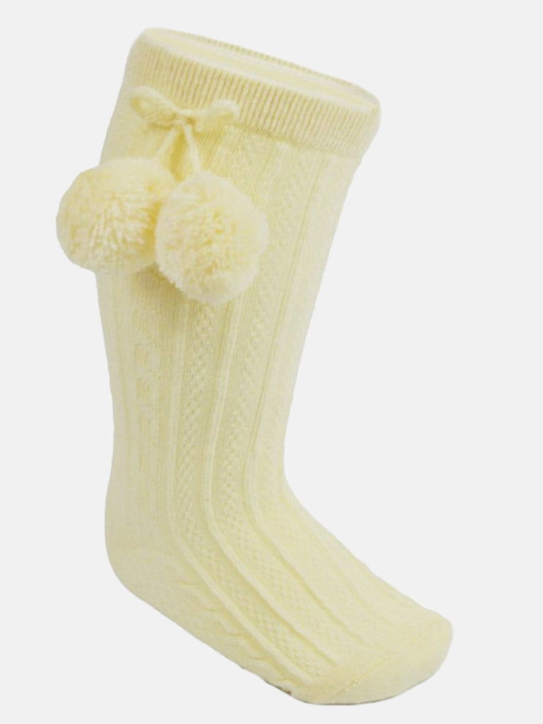 Baby Boy Elegant Cable-Knit Knee Socks with Pom-pom-Lemon Yellow