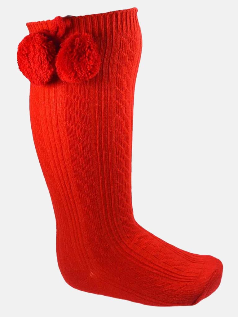Baby Boy Elegant Cable-Knit Knee Socks with Pom-pom -Red