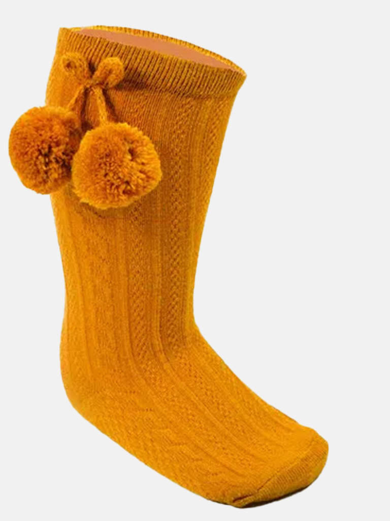 Baby Boy Elegant Cable-Knit Knee Socks with Pom-pom -Mustard Yellow