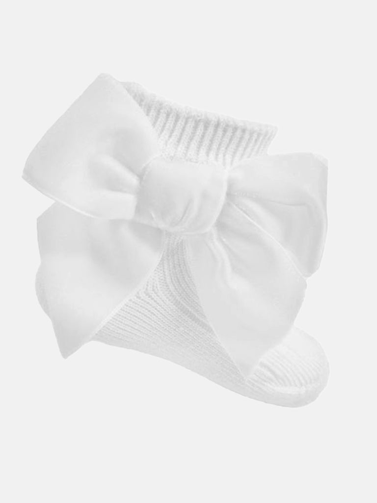 Baby Girl Ribbed Ankle Socks with Large Velvet Bow - White