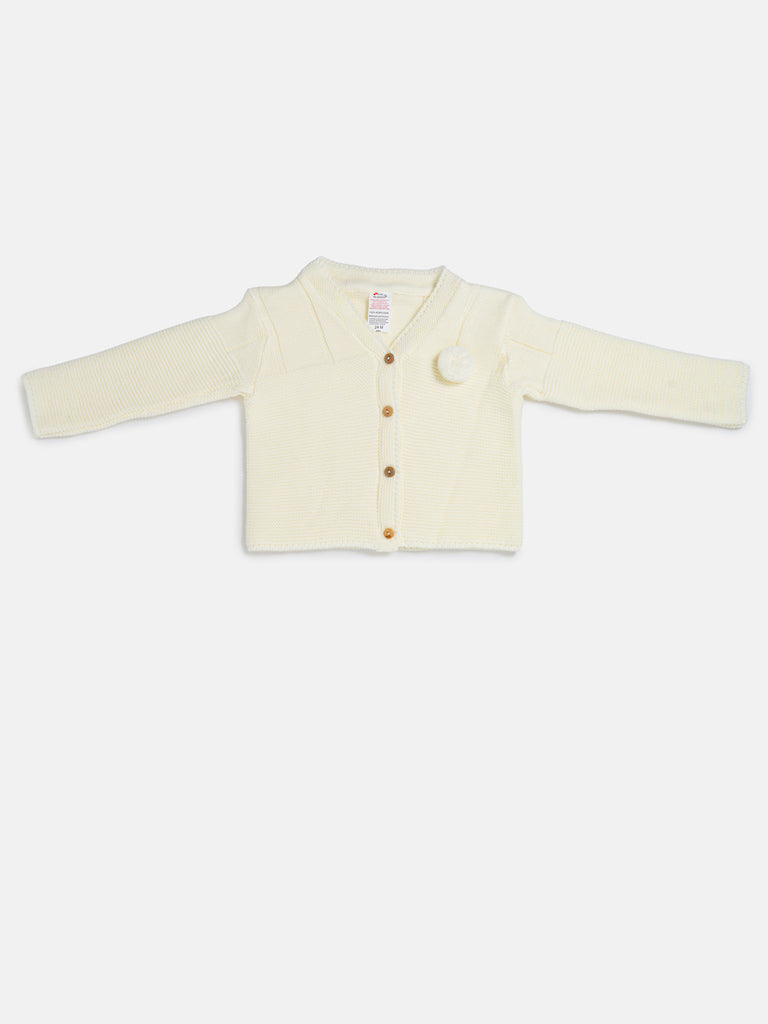 Baby Boy Button-Down Knitted Cardigan with Pom-Pom - Ivory