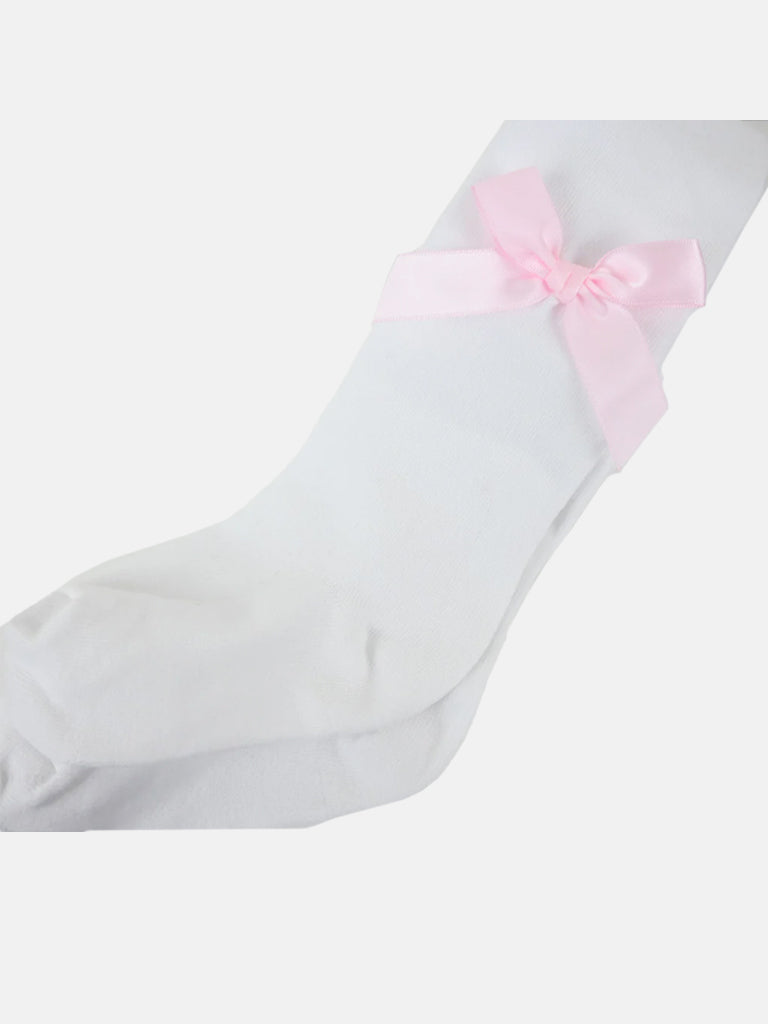 Baby Girl Elegant Satin Bow Tights - White & Pink