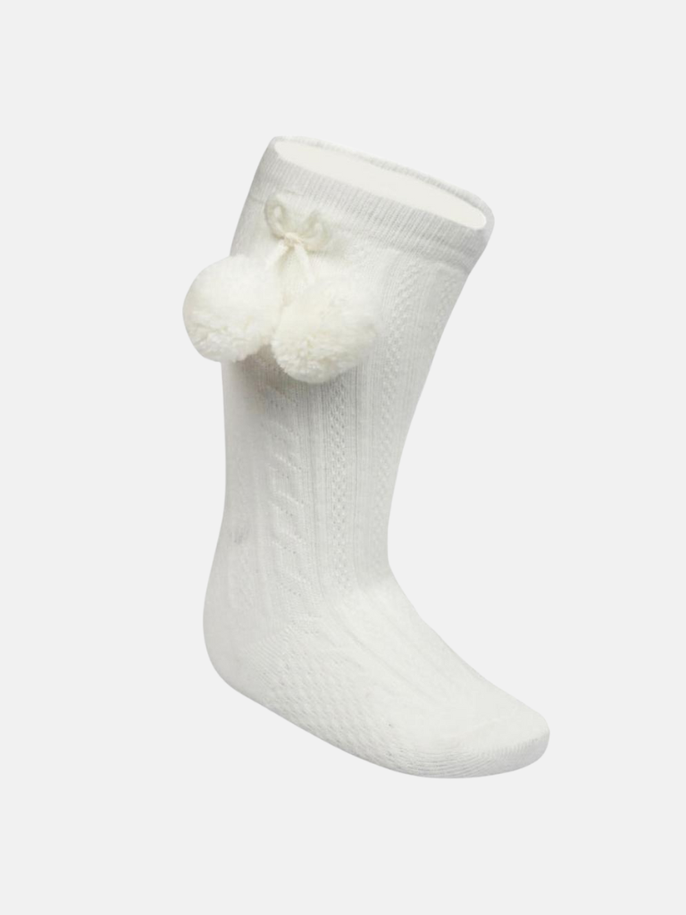 Baby Boy Elegant Cable-Knit Knee Socks with Pom-pom -Ivory