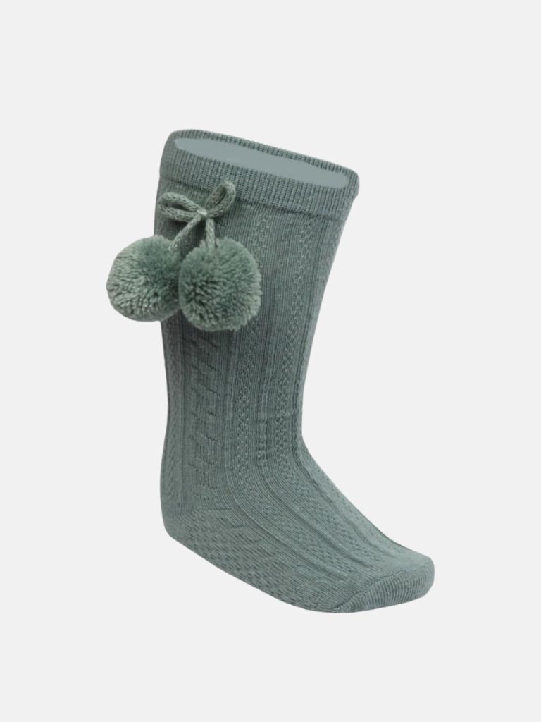 Baby Unisex Elegant Cable-Knit Knee Socks with Pom-pom - Sage Green