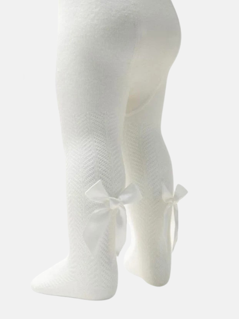 Baby Girl Tights with Satin Bow - Ivory White