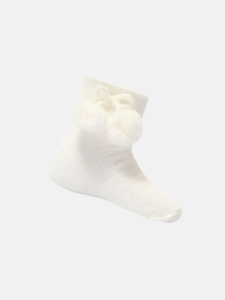 Baby Unisex Knitted Pom-pom Ivory Ankle Socks