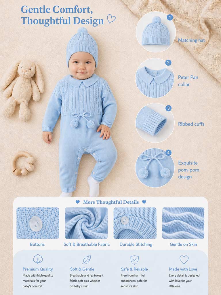 Baby Sami Collection Knitted All-in-one with Hat - Baby Blue