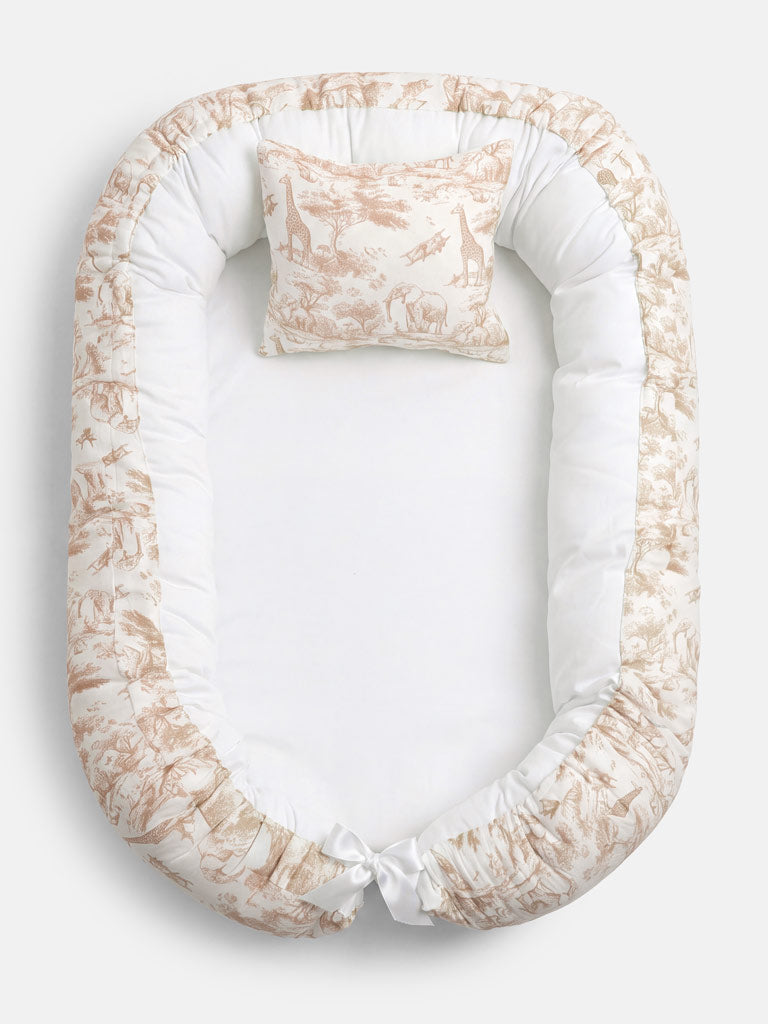 Baby Sleeping Nest + Matching Pillow Set - Safari Collection - Beige