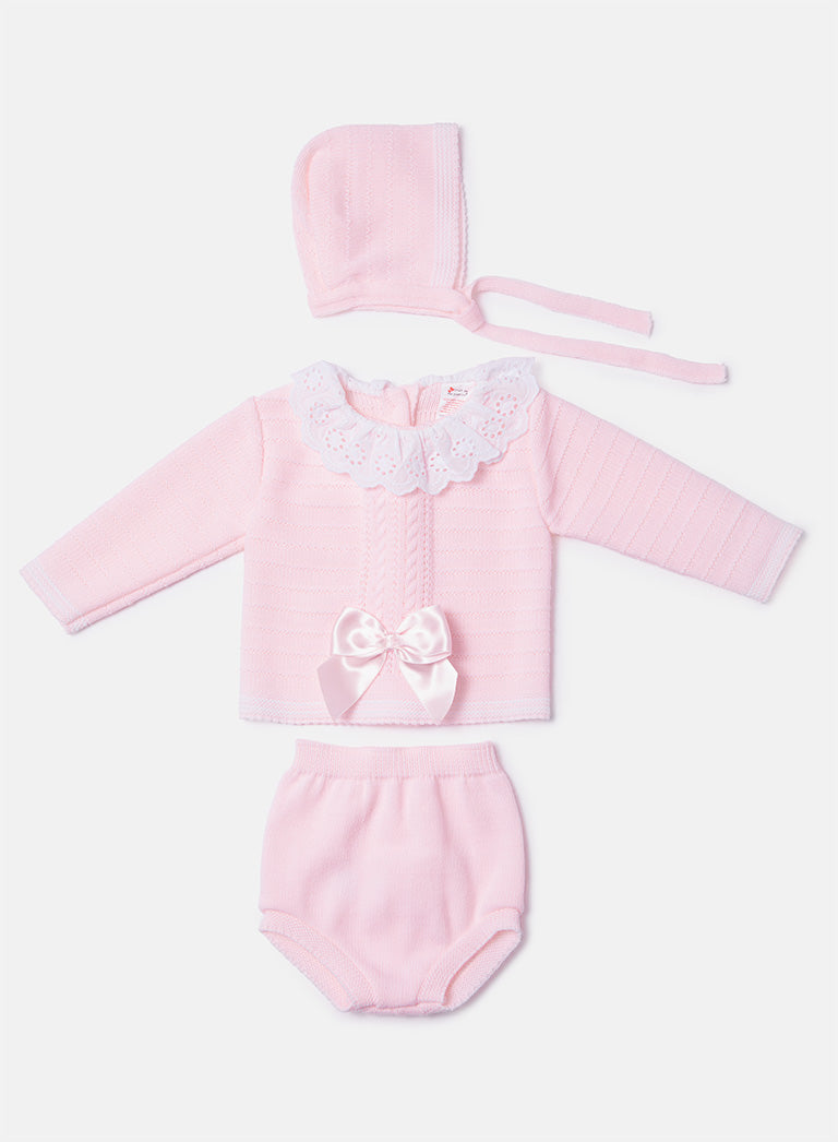 Baby Girl Aria Collection 3-piece Spanish Knitted Set - Baby Pink