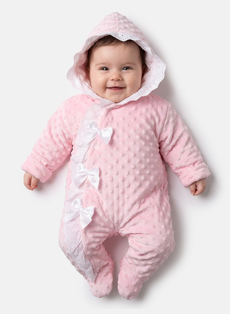Baby Girl Bubble Hooded Pramsuit with Booties - Baby Pink