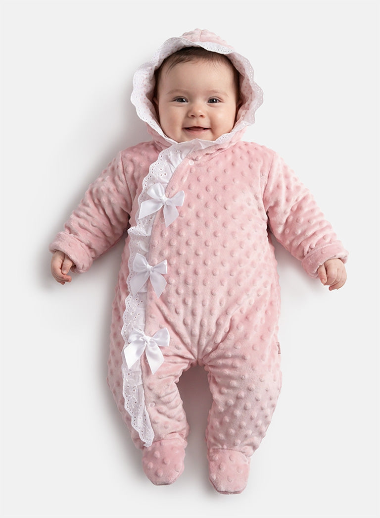 Baby Girl Bubble Hooded Pramsuit with Booties - Dusty Pink