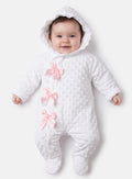 Baby Girl Bubble Hooded Pramsuit with Booties - White