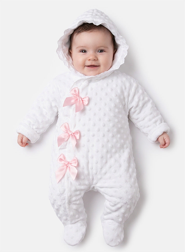 Baby Girl Bubble Hooded Pramsuit with Booties - White