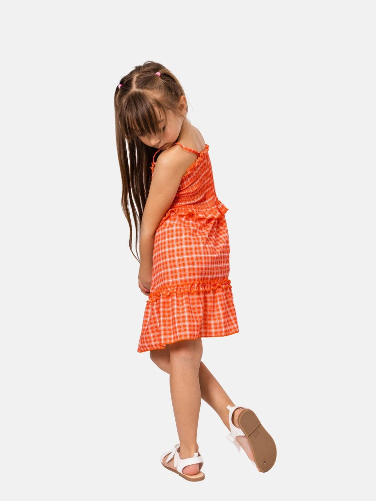 Junior Girl French Collection Checkered Smocked Sleeveless Dress- Orange