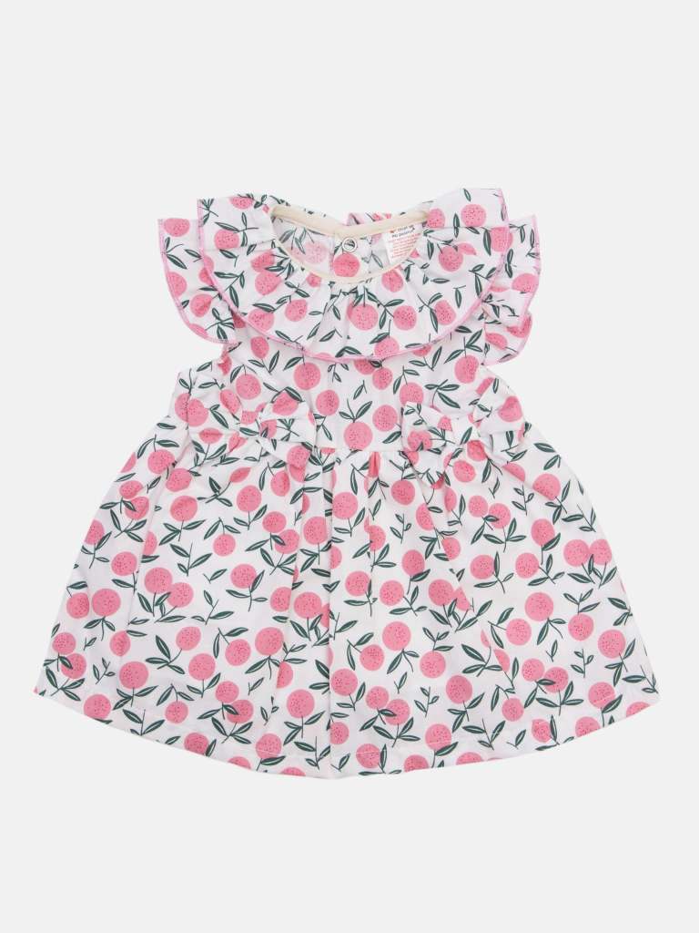 Baby Girl Cherry Print Spanish Dress with Ruffle Collar and Bows-Pink